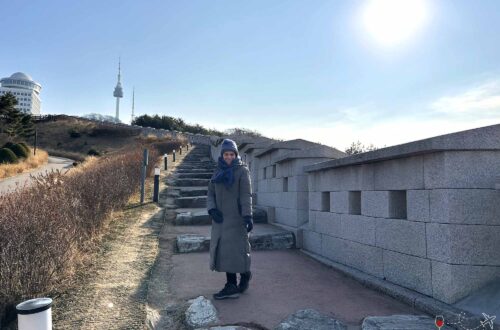 Vista da Seul Tower ao fundo e eu estou numa escadaria com parte da muralha de Seul restaurada ao lado.