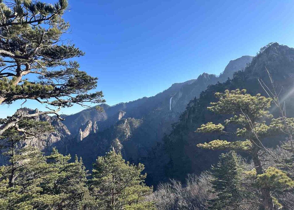 Vista do parque com cachoeira congelada.